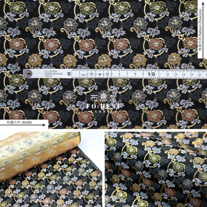 Gold Brocade - Art Nouveau Leaf Fabric Black Polyester