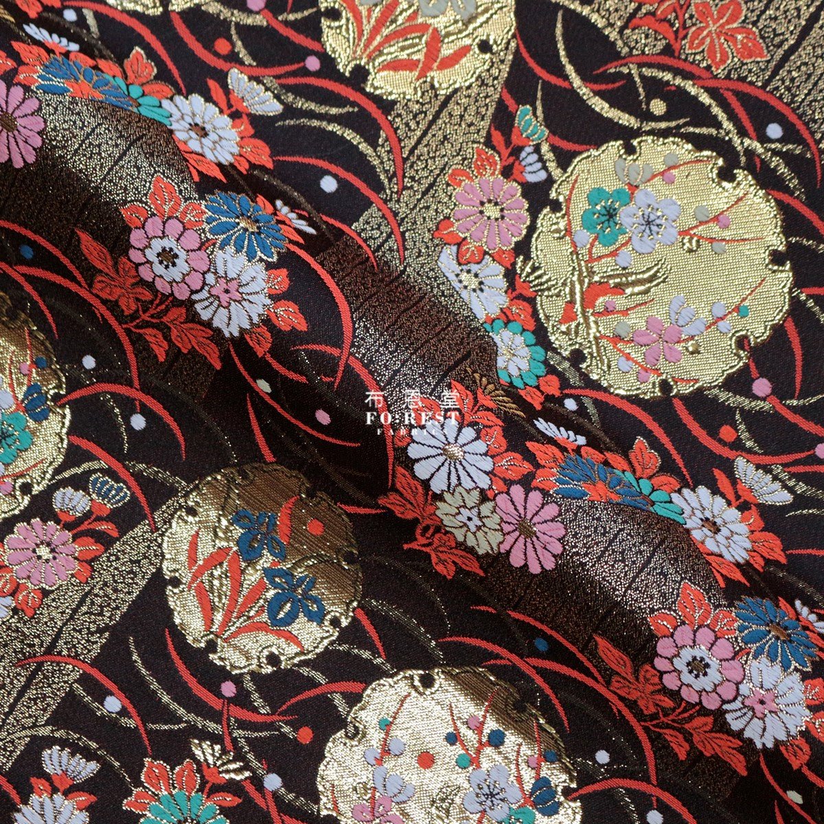 Gold Brocade - Autumn 秋雪輪 fabric BLACK - FO:REST Fabric 布恩堂Liberty fabrictana lawnjapanese fabricykk zipper
