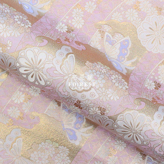 Gold Brocade - Butterfly Fabric Light Pink Polyester