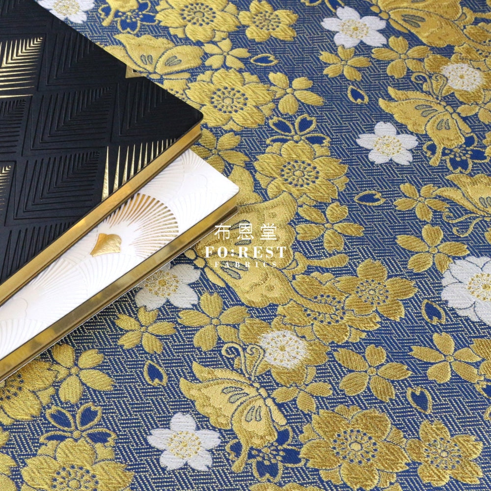 Gold Brocade - Butterfly Fabric Navygold Polyester