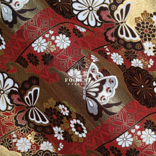 Gold Brocade - Butterfly Fabric Red Polyester