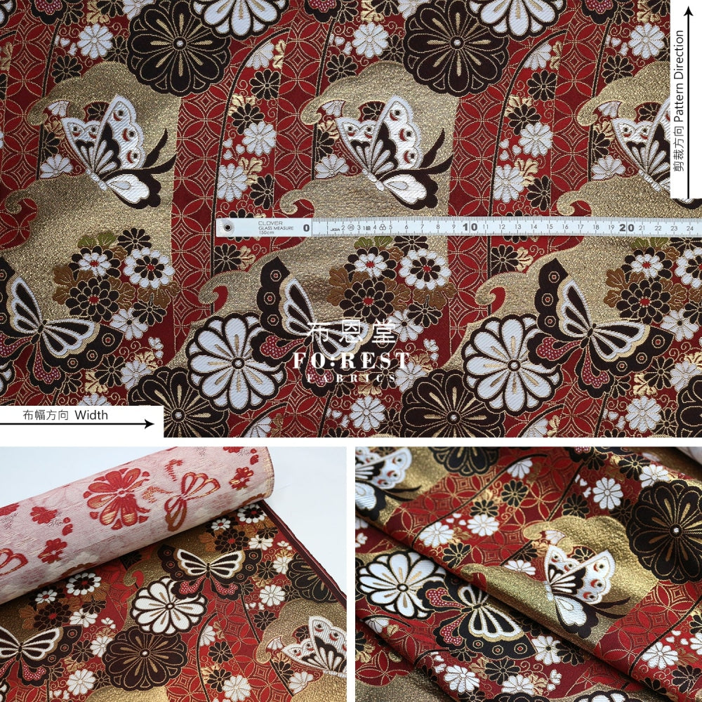 Gold Brocade - Butterfly Fabric Red Polyester