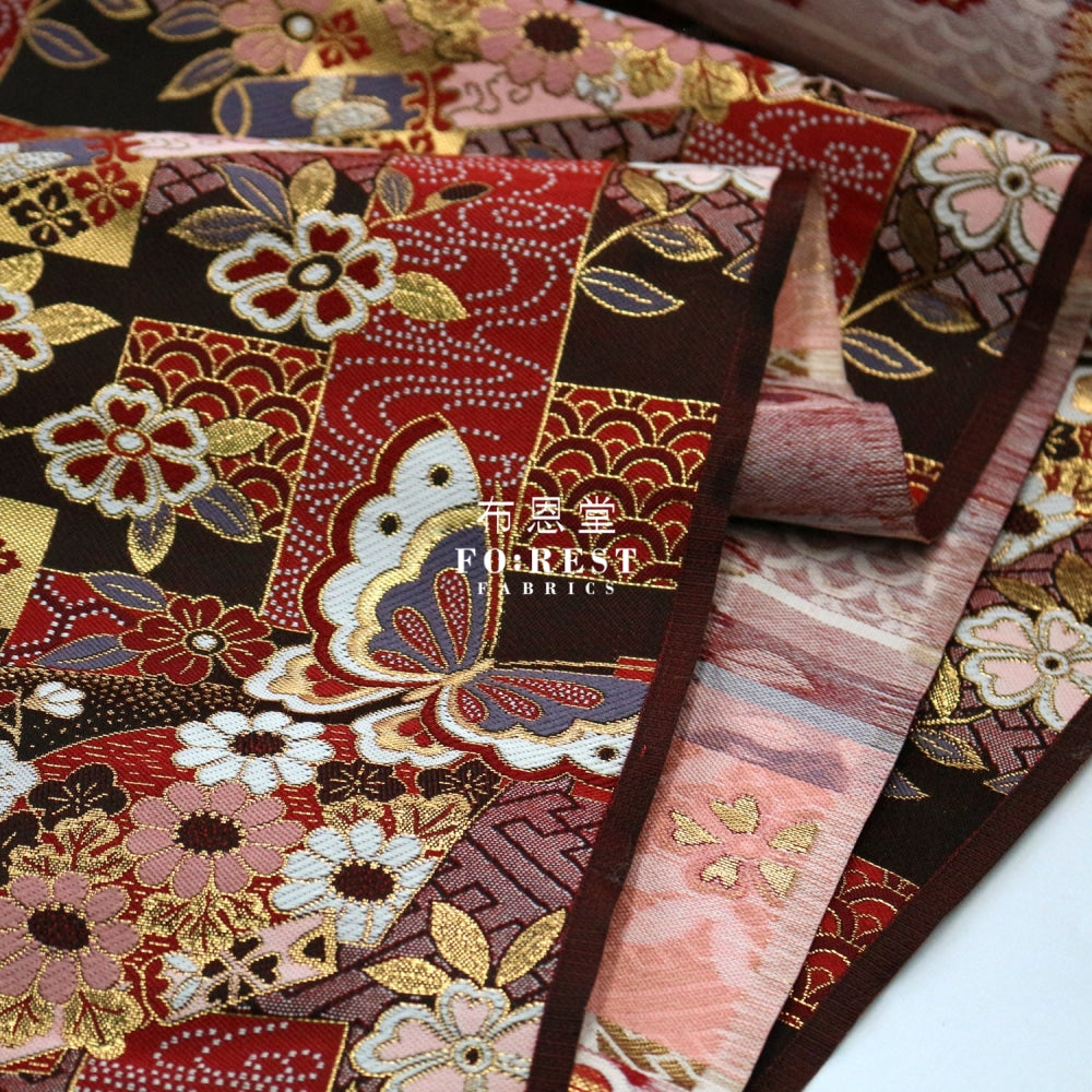 Gold Brocade - Butterfly Fabric Red Polyester