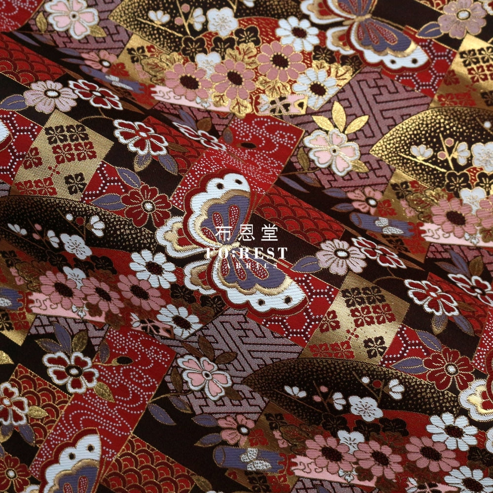 Gold Brocade - Butterfly Fabric Red Polyester