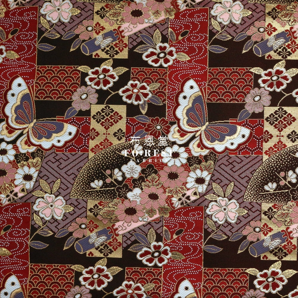 Gold Brocade - Butterfly Fabric Red Polyester