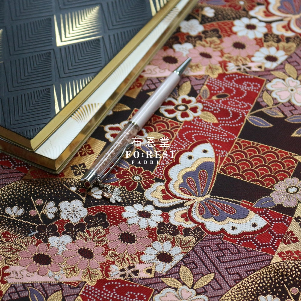 Gold Brocade - Butterfly Fabric Red Polyester