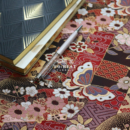 Gold Brocade - Butterfly Fabric Red Polyester