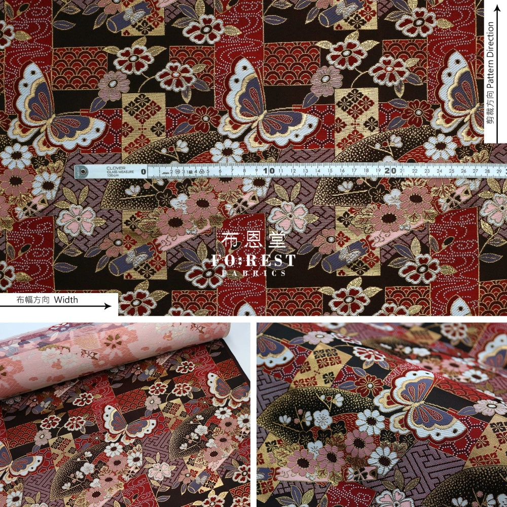Gold Brocade - Butterfly Fabric Red Polyester