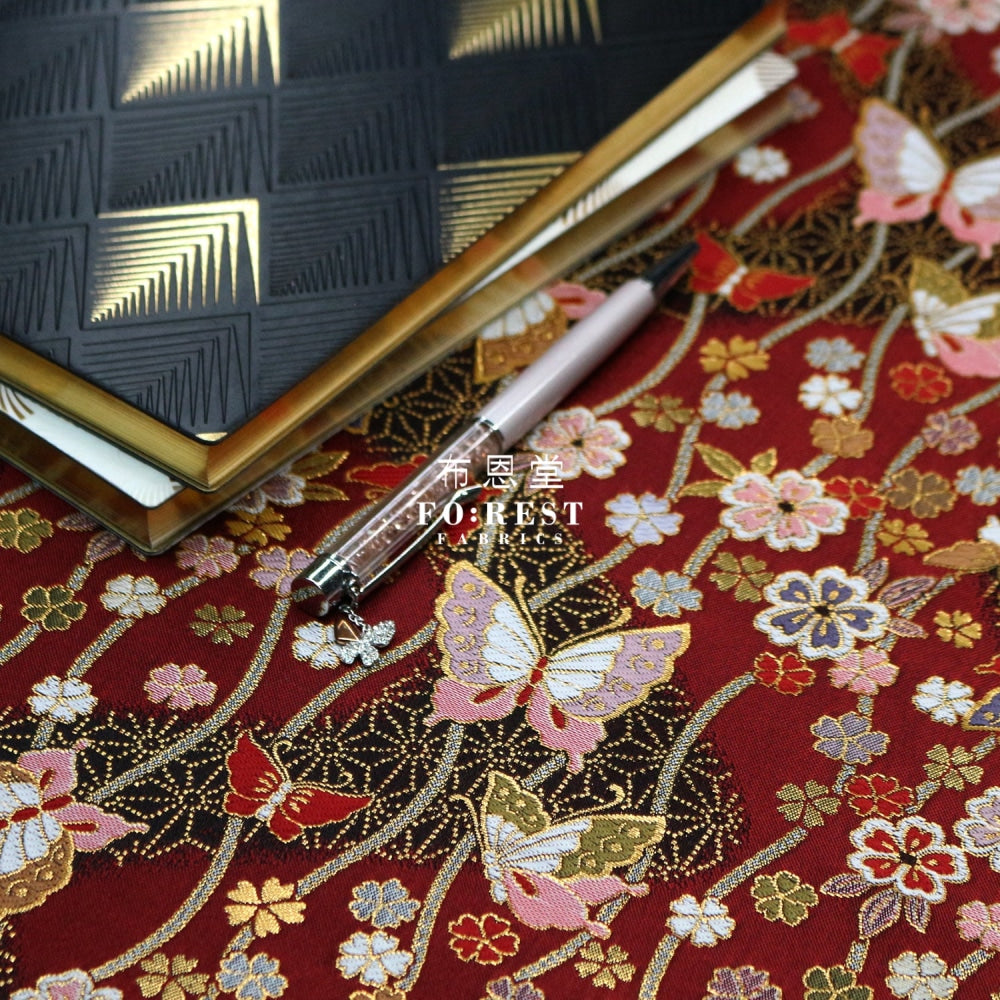 Gold Brocade - Butterfly River Fabric Red Polyester