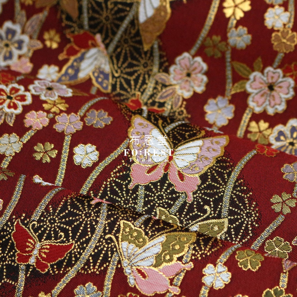 Gold Brocade - Butterfly River Fabric Red Polyester