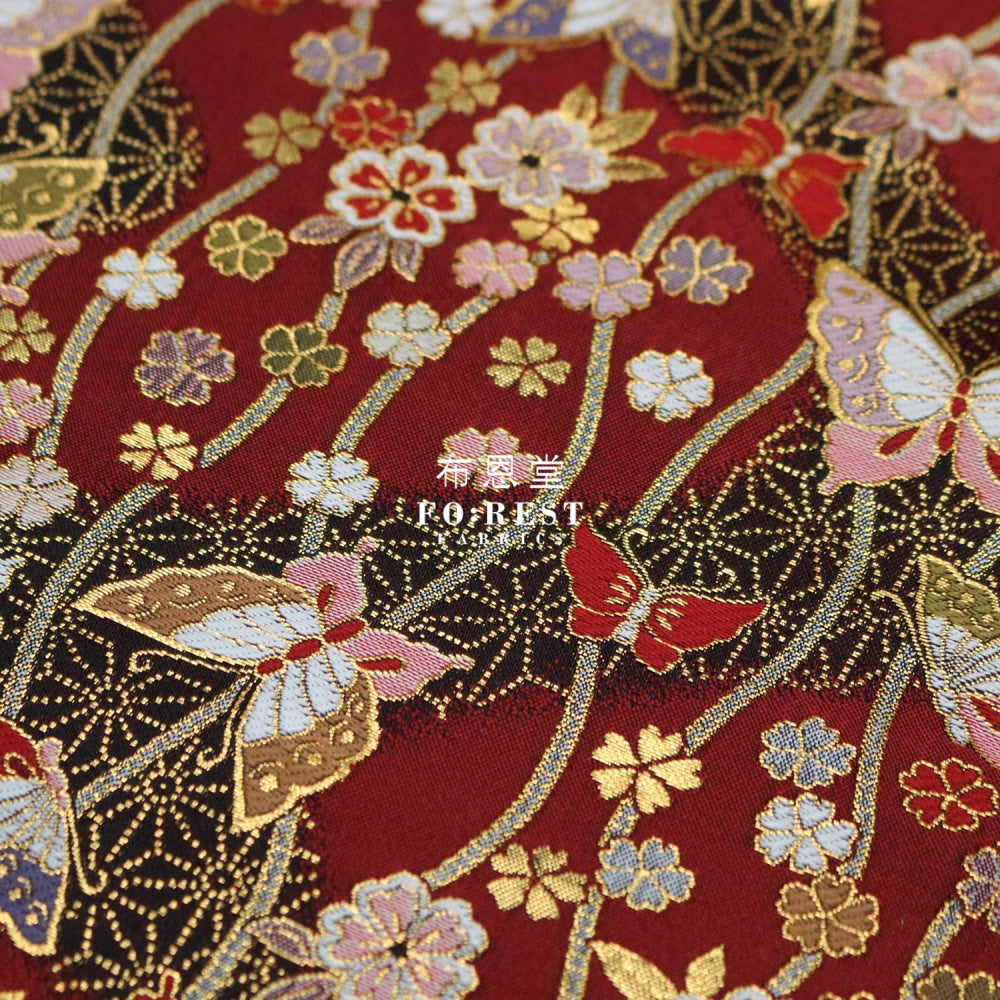 Gold Brocade - Butterfly River Fabric Red Polyester
