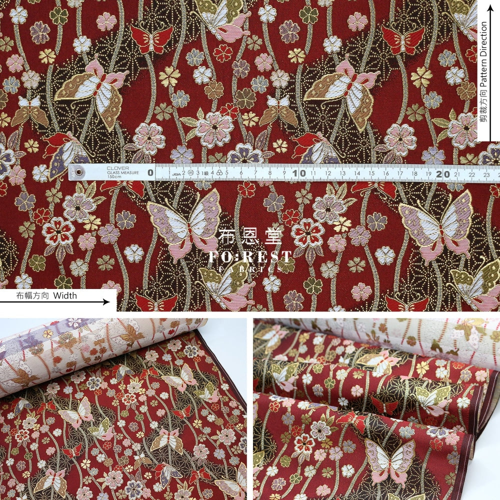 Gold Brocade - Butterfly River Fabric Red Polyester