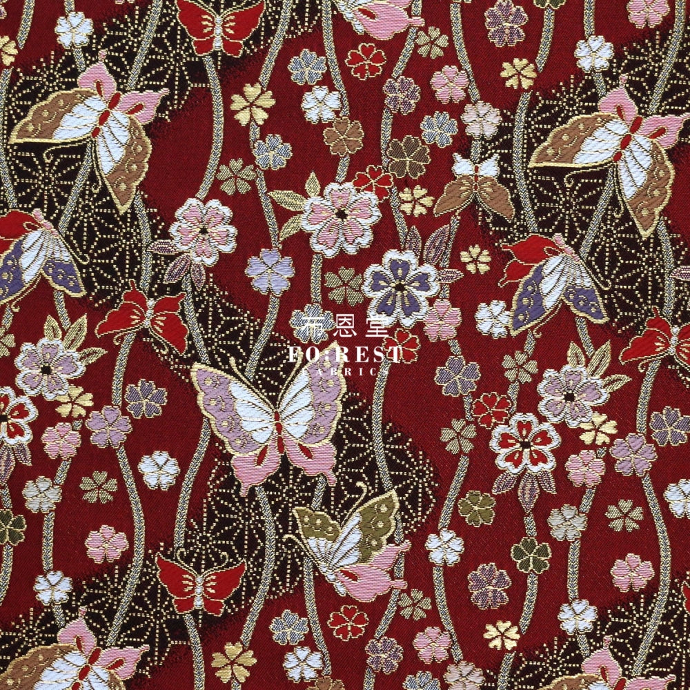 Gold Brocade - Butterfly River Fabric Red Polyester