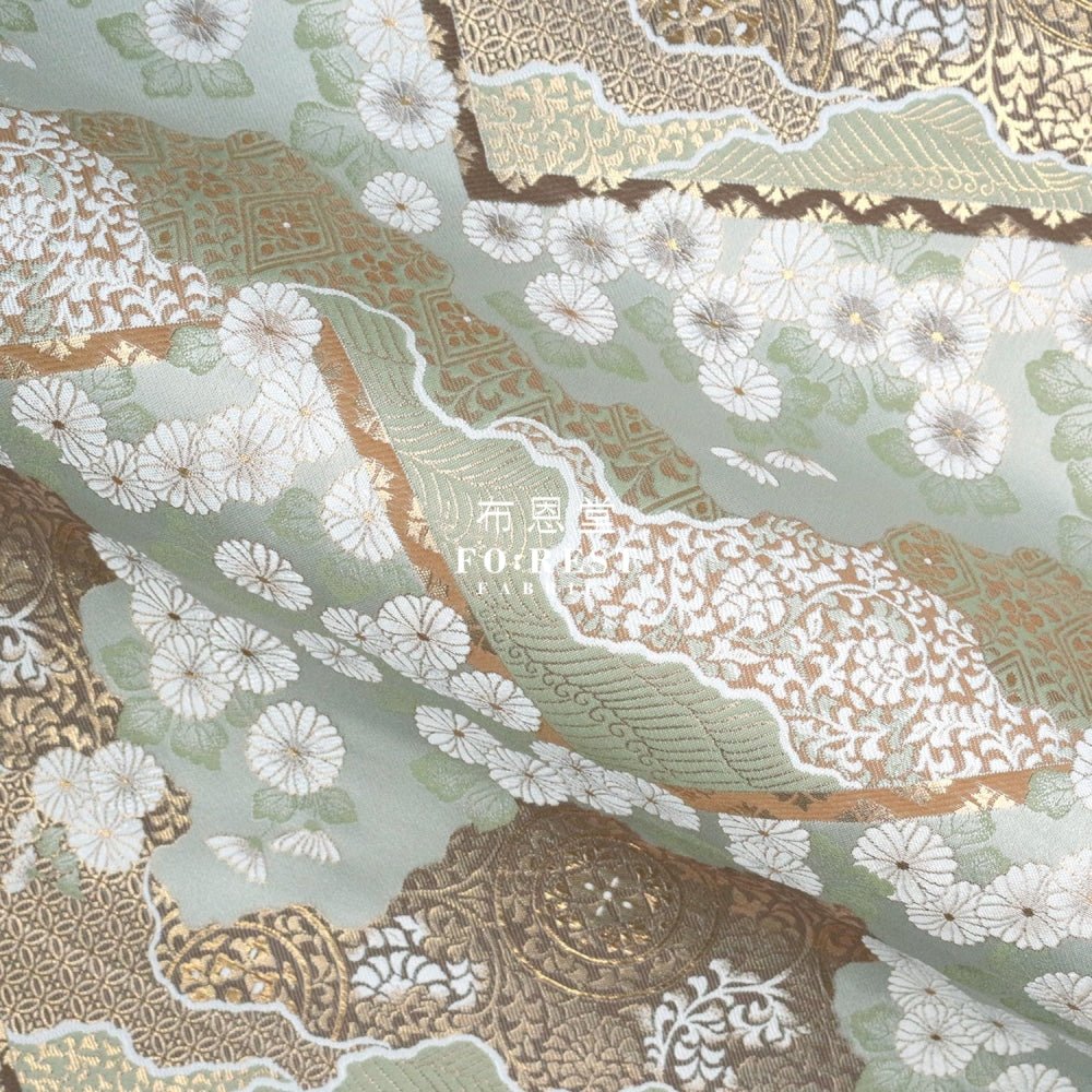 Gold Brocade - Chrysanthemum 九華菊 fabric LT.GREEN - FO:REST Fabric 布恩堂Liberty fabrictana lawnjapanese fabricykk zipper