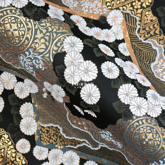 Gold Brocade - Chrysanthemum Fabric Black Polyester