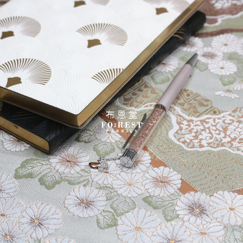 Gold Brocade - Chrysanthemum Fabric Lt.green Polyester