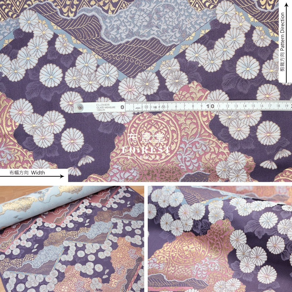 Gold Brocade - Chrysanthemum Fabric Purple Polyester