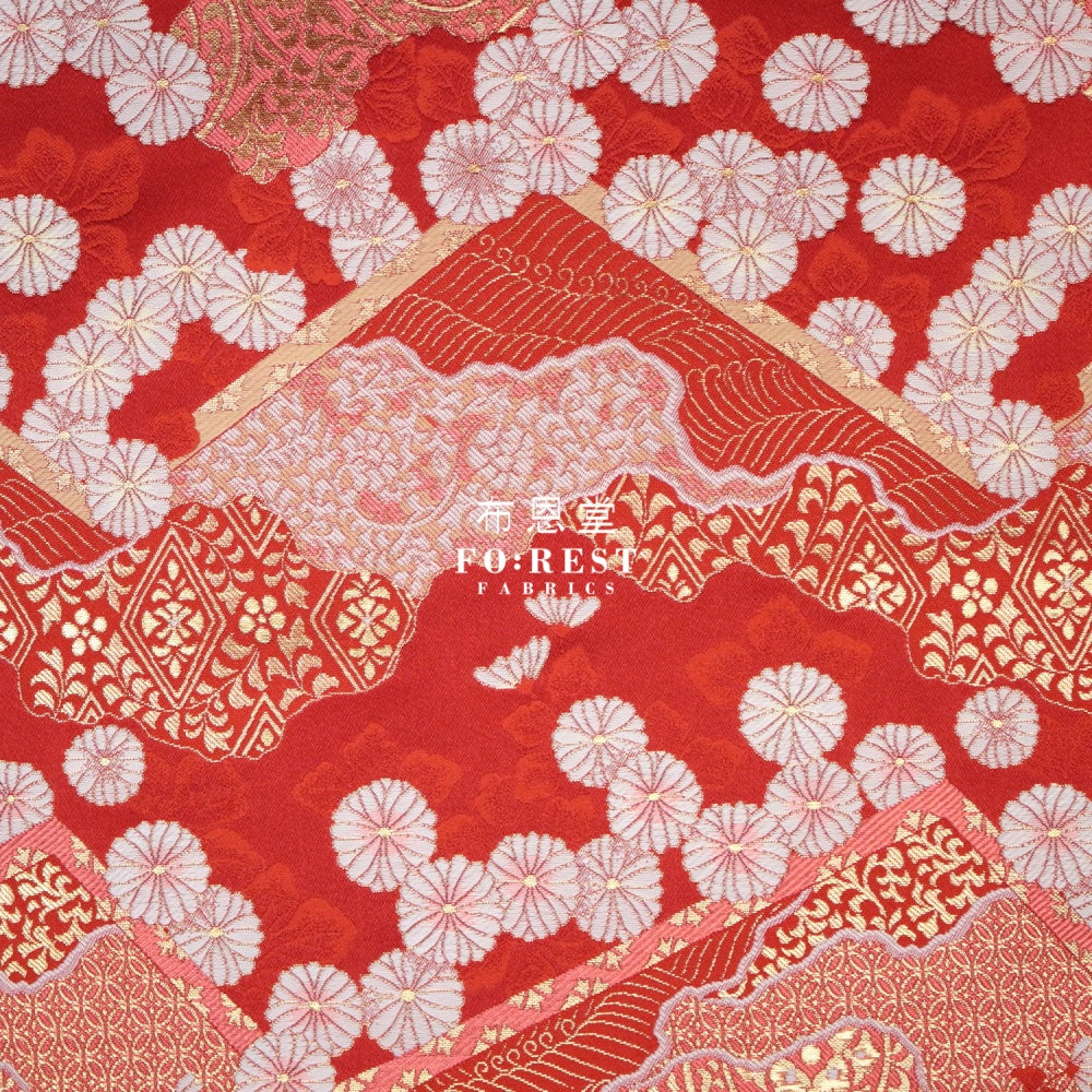 Gold Brocade - Chrysanthemum Fabric Red Polyester