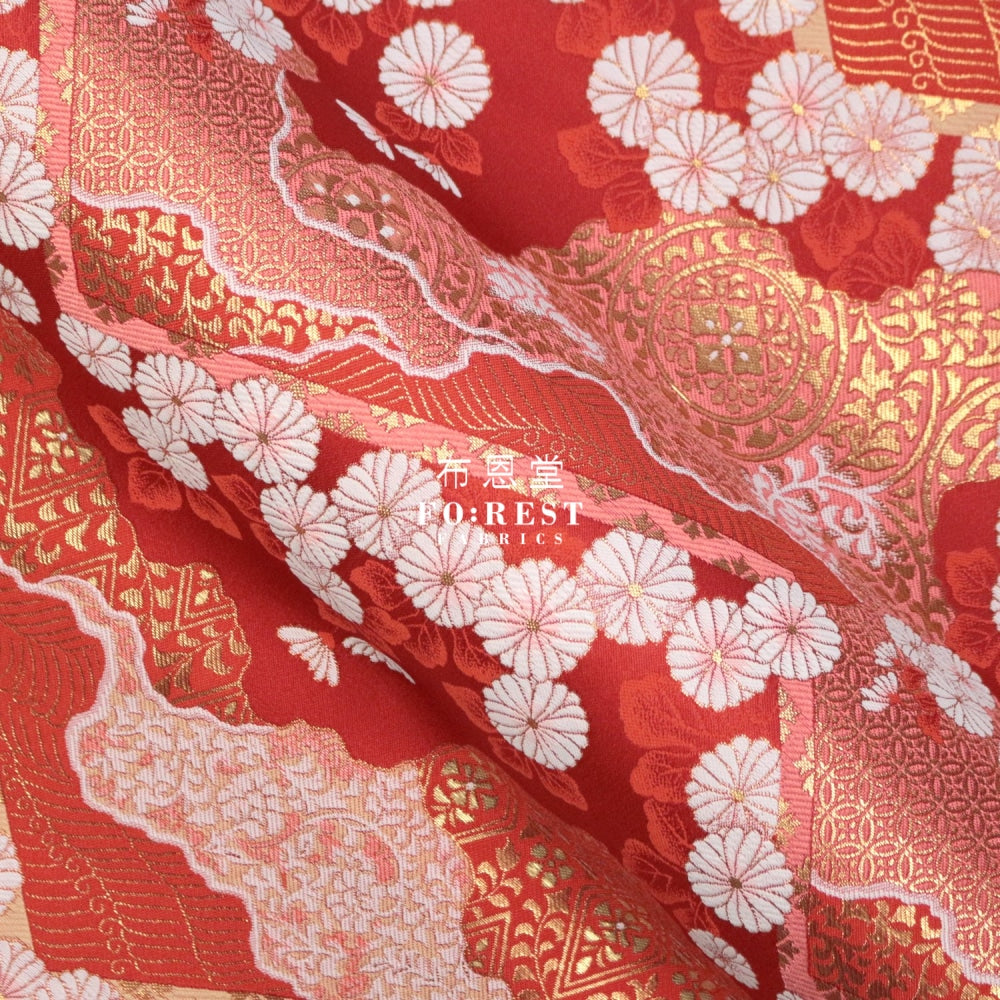 Gold Brocade - Chrysanthemum Fabric Red Polyester