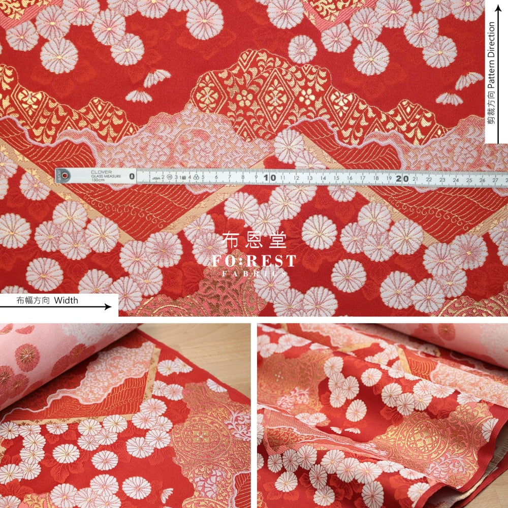 Gold Brocade - Chrysanthemum Fabric Red Polyester