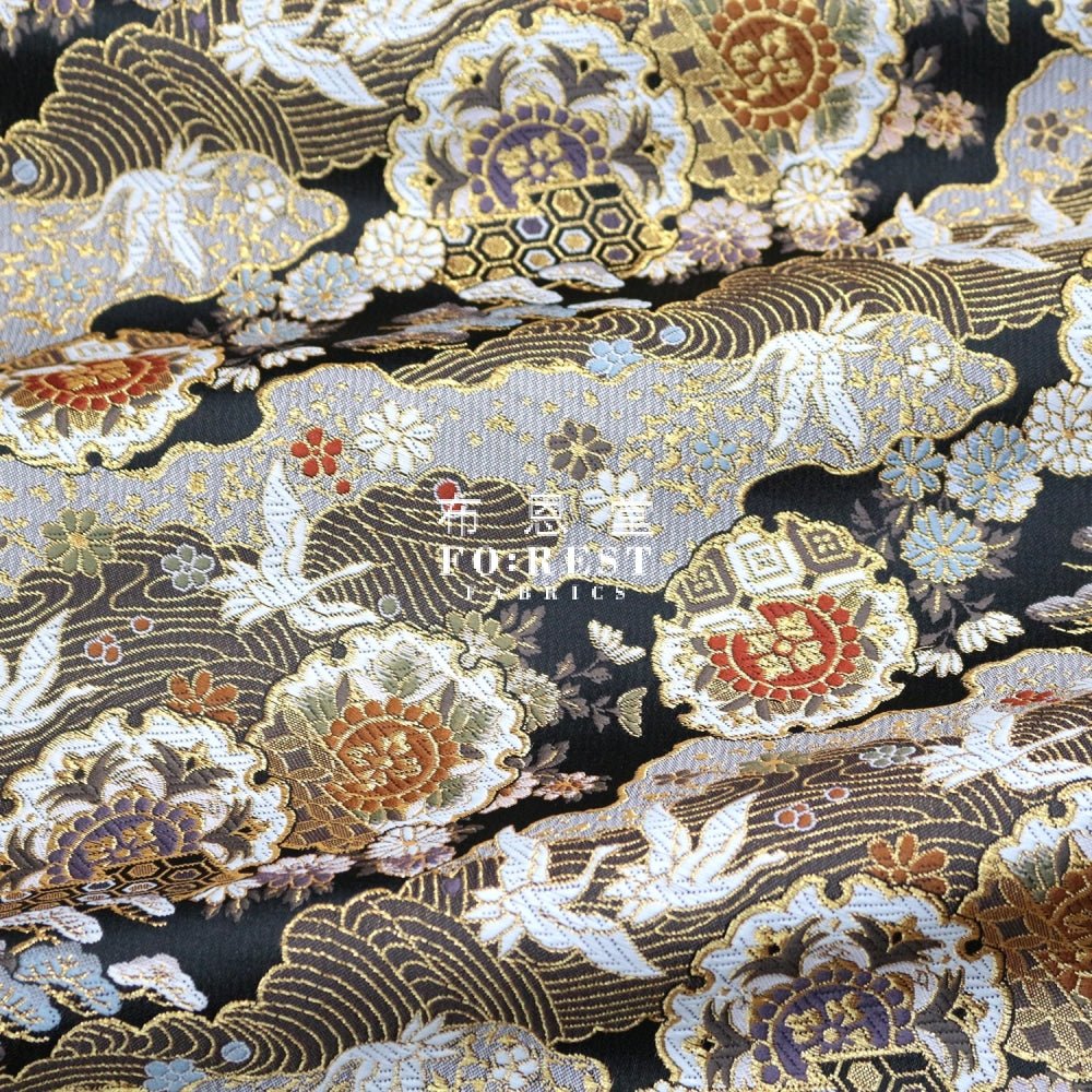 Gold Brocade - Cloud Crane 仙雲鶴 fabric Black - FO:REST Fabric 布恩堂Liberty fabrictana lawnjapanese fabricykk zipper