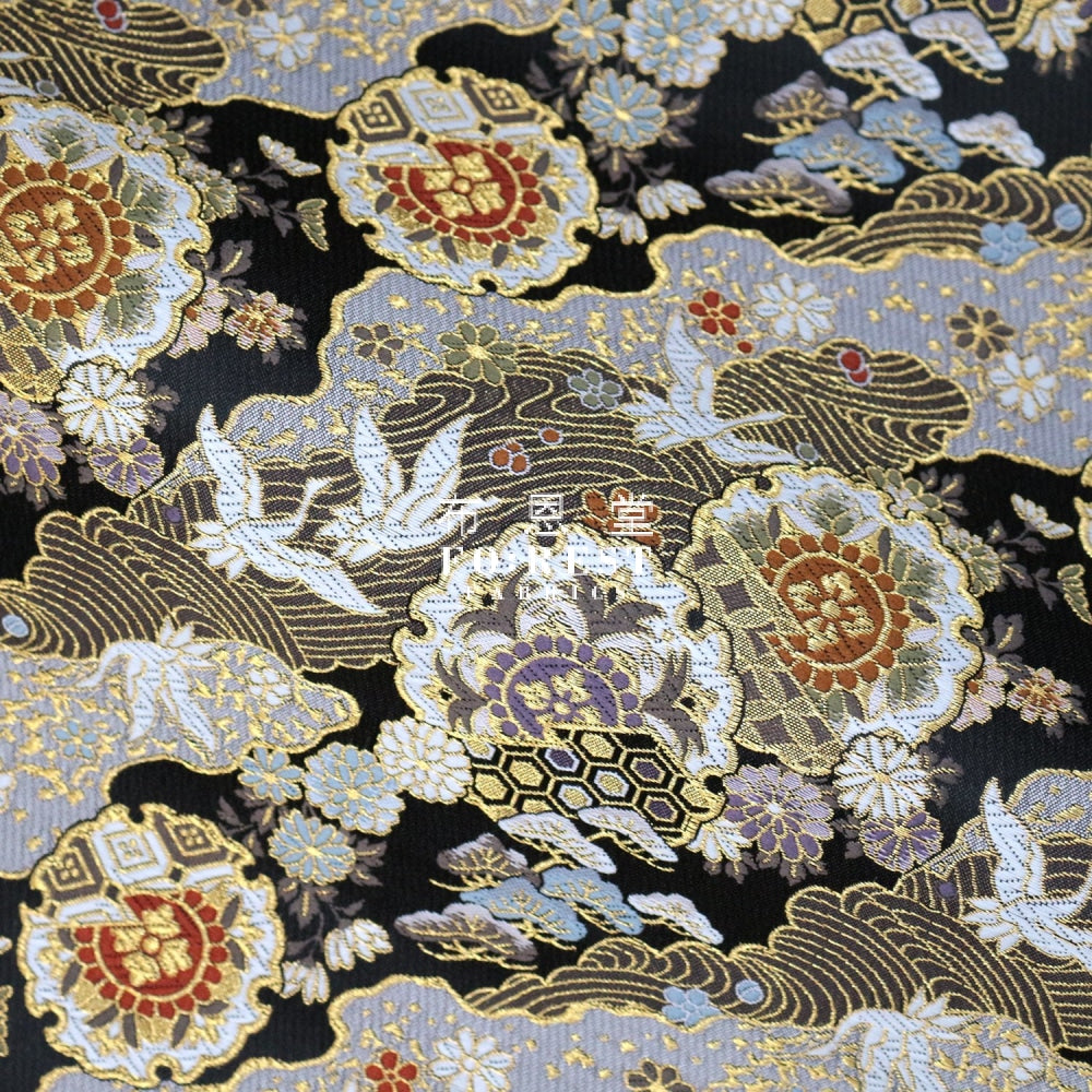 Gold Brocade - Cloud Crane Fabric Black Polyester