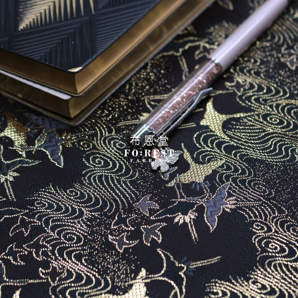 Gold Brocade - Cloud Crane Fabric Black Polyester