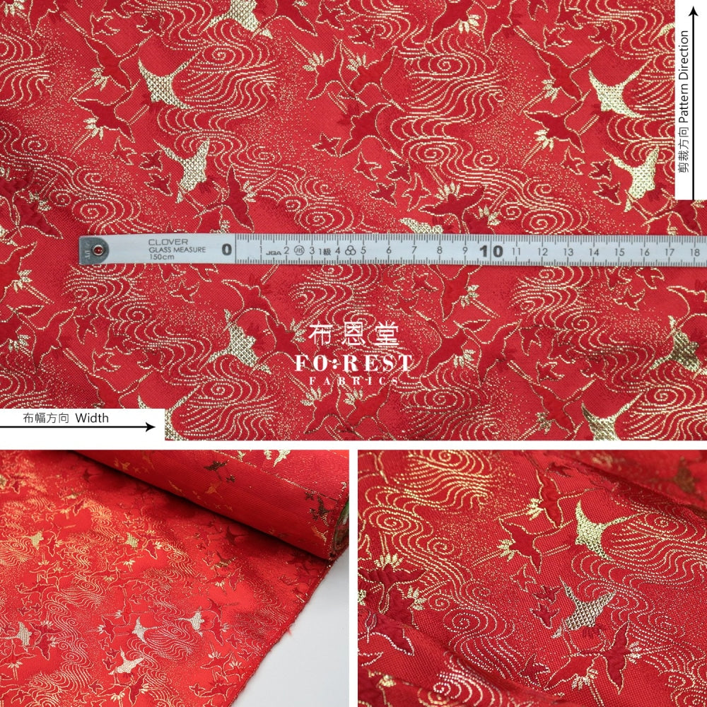 Gold Brocade - Cloud Crane Fabric Red Polyester