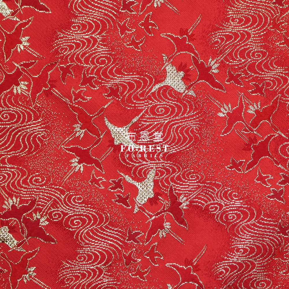 Gold Brocade - Cloud Crane Fabric Red Polyester