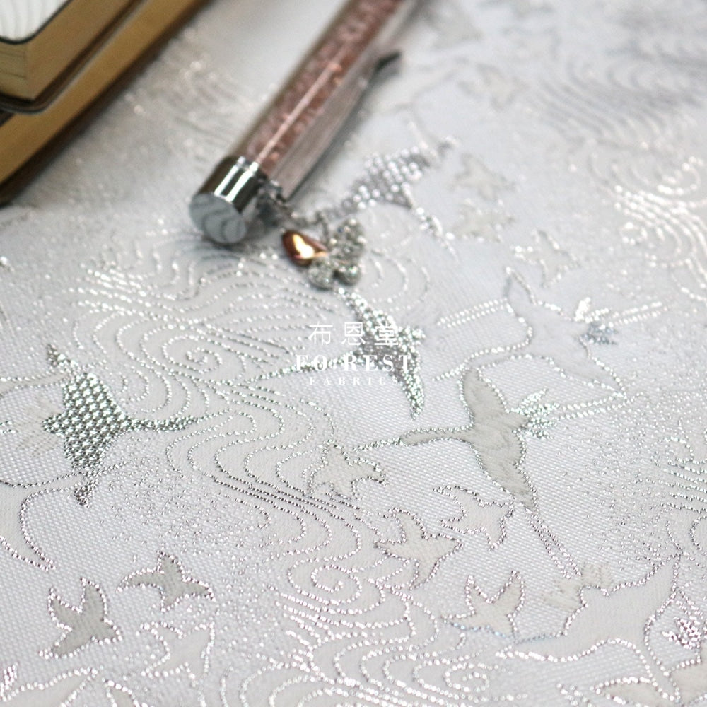 Gold Brocade - Cloud Crane Fabric White Polyester