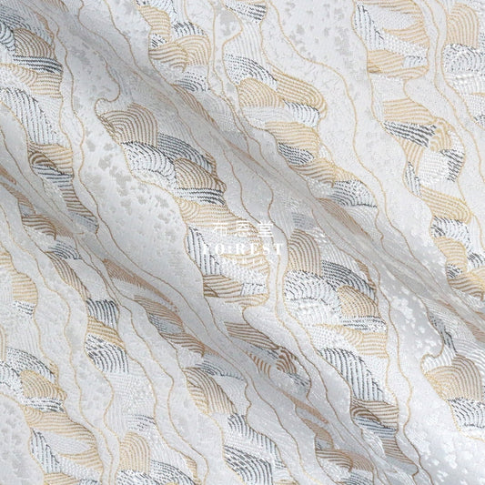 Gold Brocade - Cloud Wave Flower Fabric White Polyester