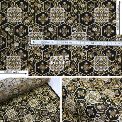 Gold Brocade - Crown Flower Fabric Black Polyester