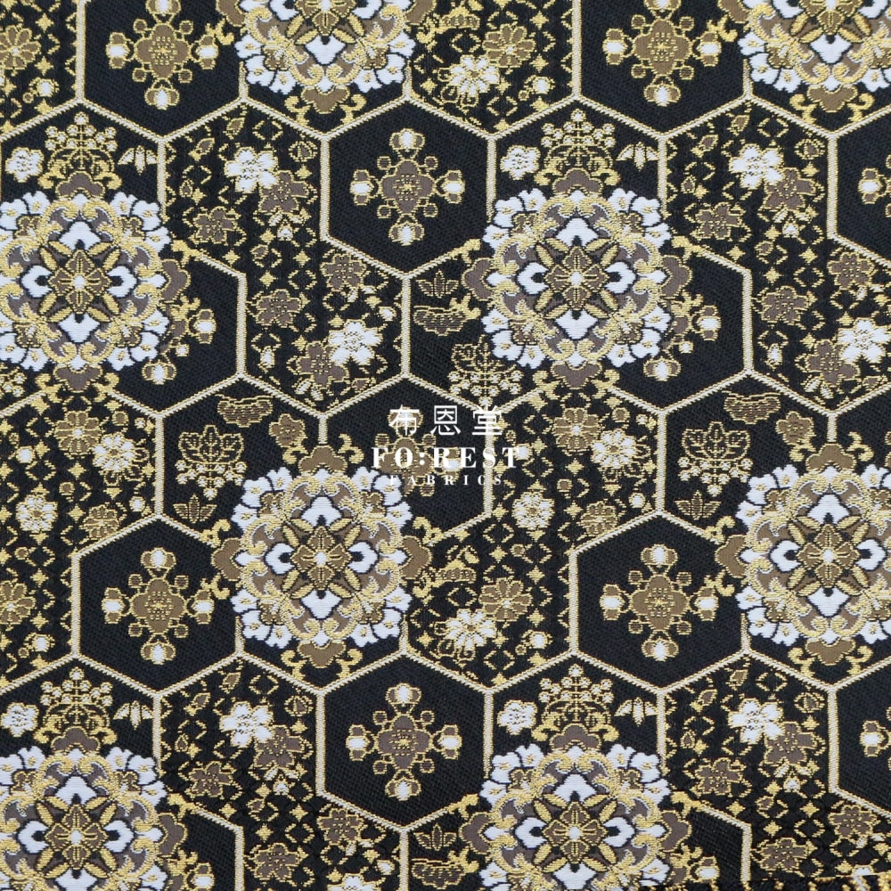 Gold Brocade - Crown Flower Fabric Black Polyester