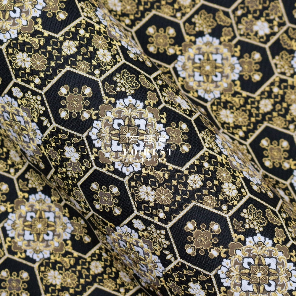 Gold Brocade - Crown Flower Fabric Black Polyester