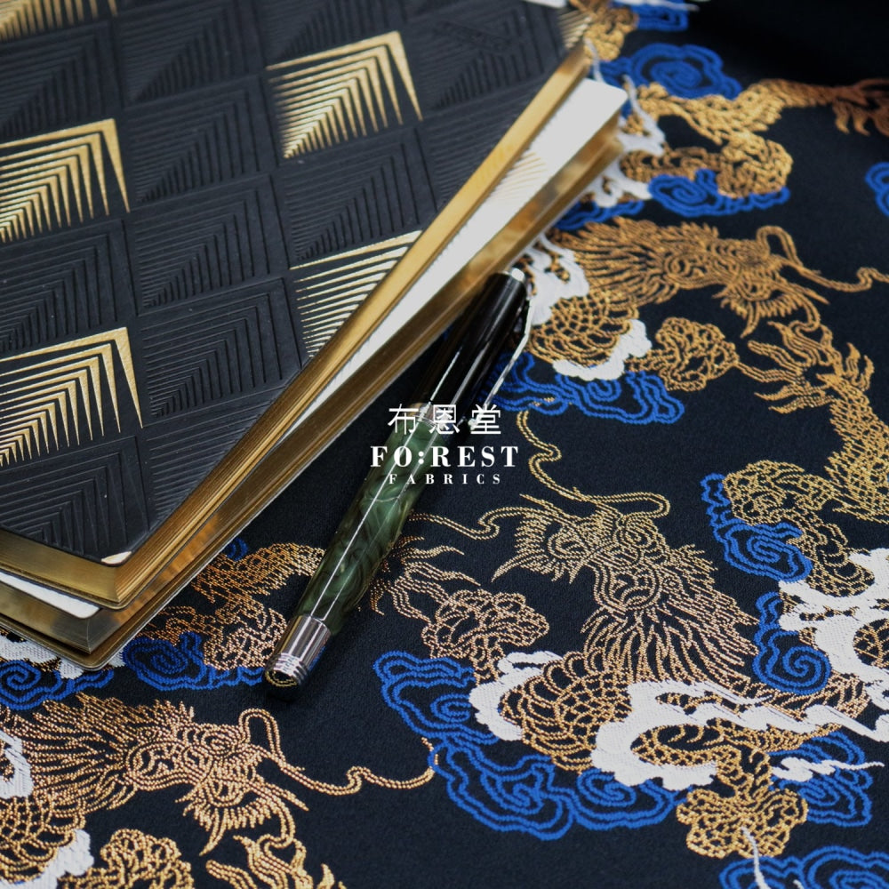 Gold Brocade - Dragon Cloud Fabric Blue Polyester