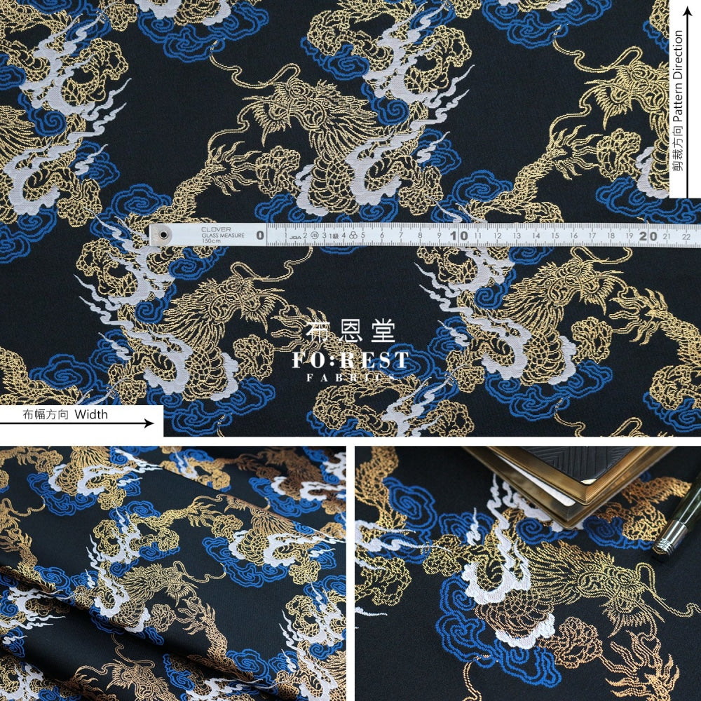 Gold Brocade - Dragon Cloud Fabric Blue Polyester
