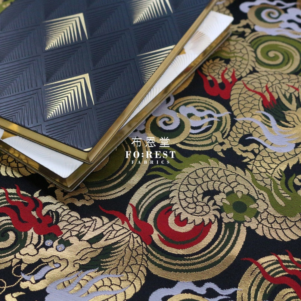 Gold Brocade - Dragon Fabric Black Polyester