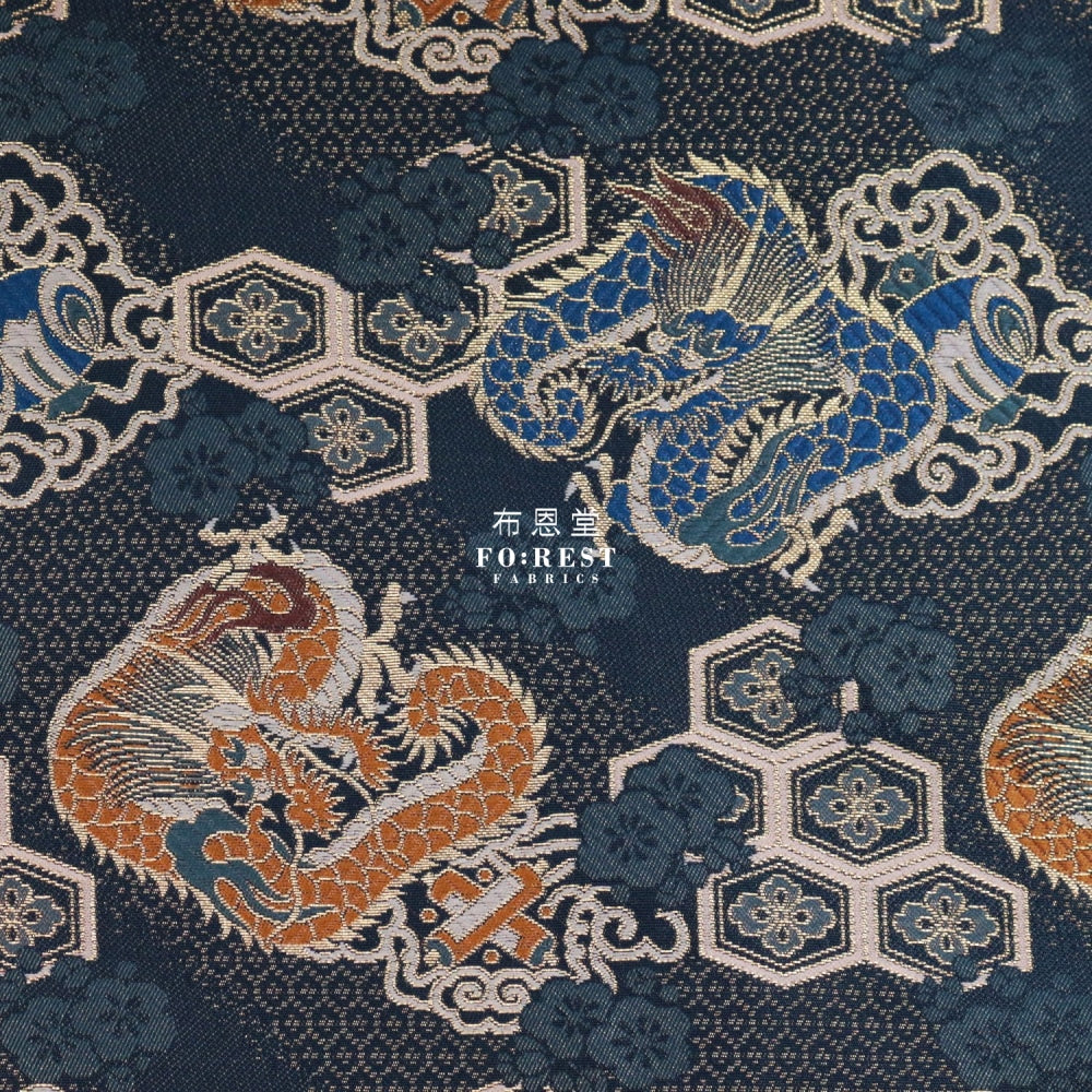 Gold Brocade - Dragon Fabric Navy Polyester