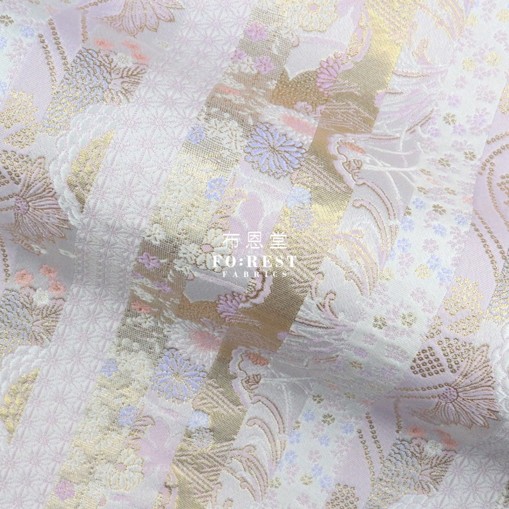 Gold Brocade - Flower Fabric Ice Pink Polyester