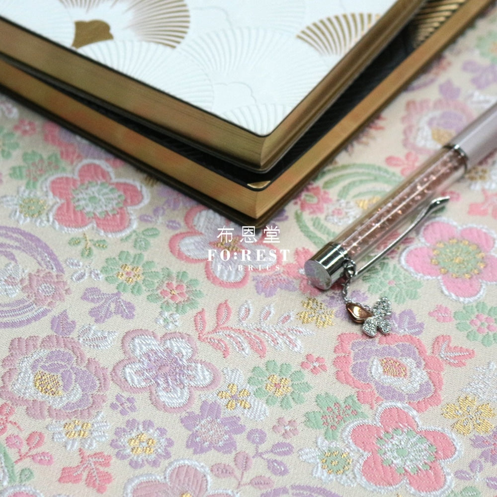 Gold Brocade - Flower Fabric Pearl White Polyester