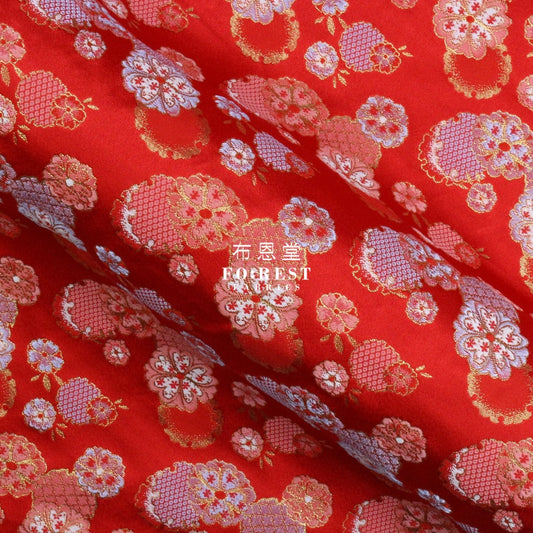 Gold Brocade - Flower Snow Fabric Red Polyester