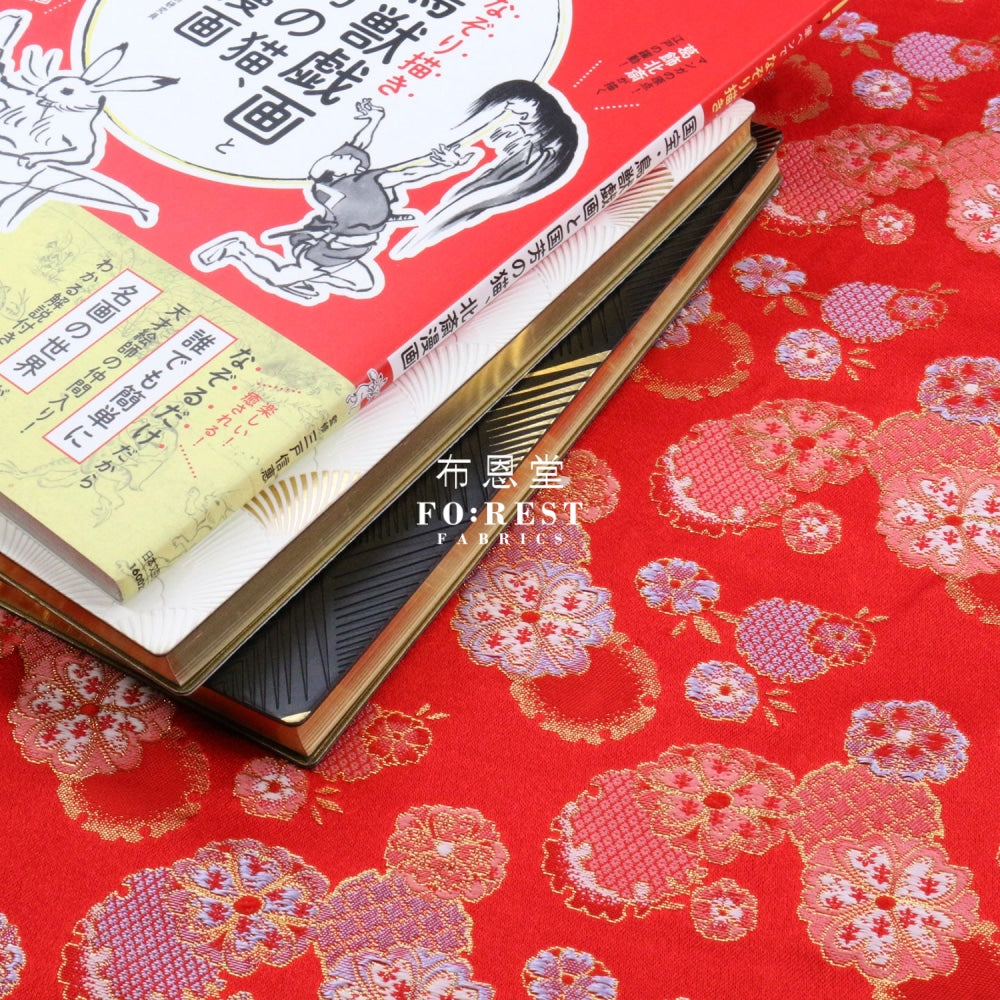 Gold Brocade - Flower Snow Fabric Red Polyester