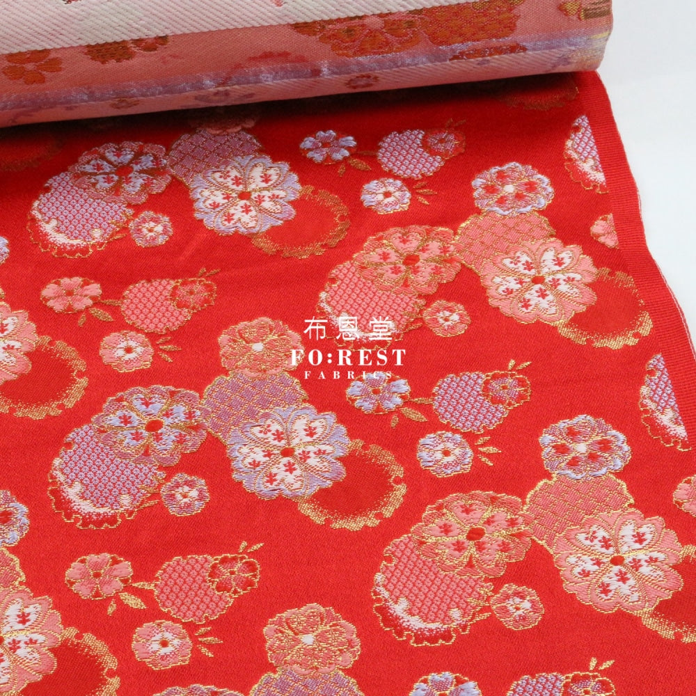 Gold Brocade - Flower Snow Fabric Red Polyester