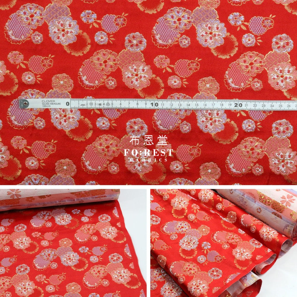 Gold Brocade - Flower Snow Fabric Red Polyester