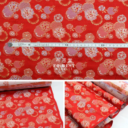 Gold Brocade - Flower Snow Fabric Red Polyester