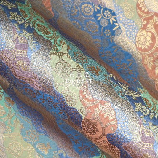 Gold Brocade - Flowercloud Fabric Blue Polyester