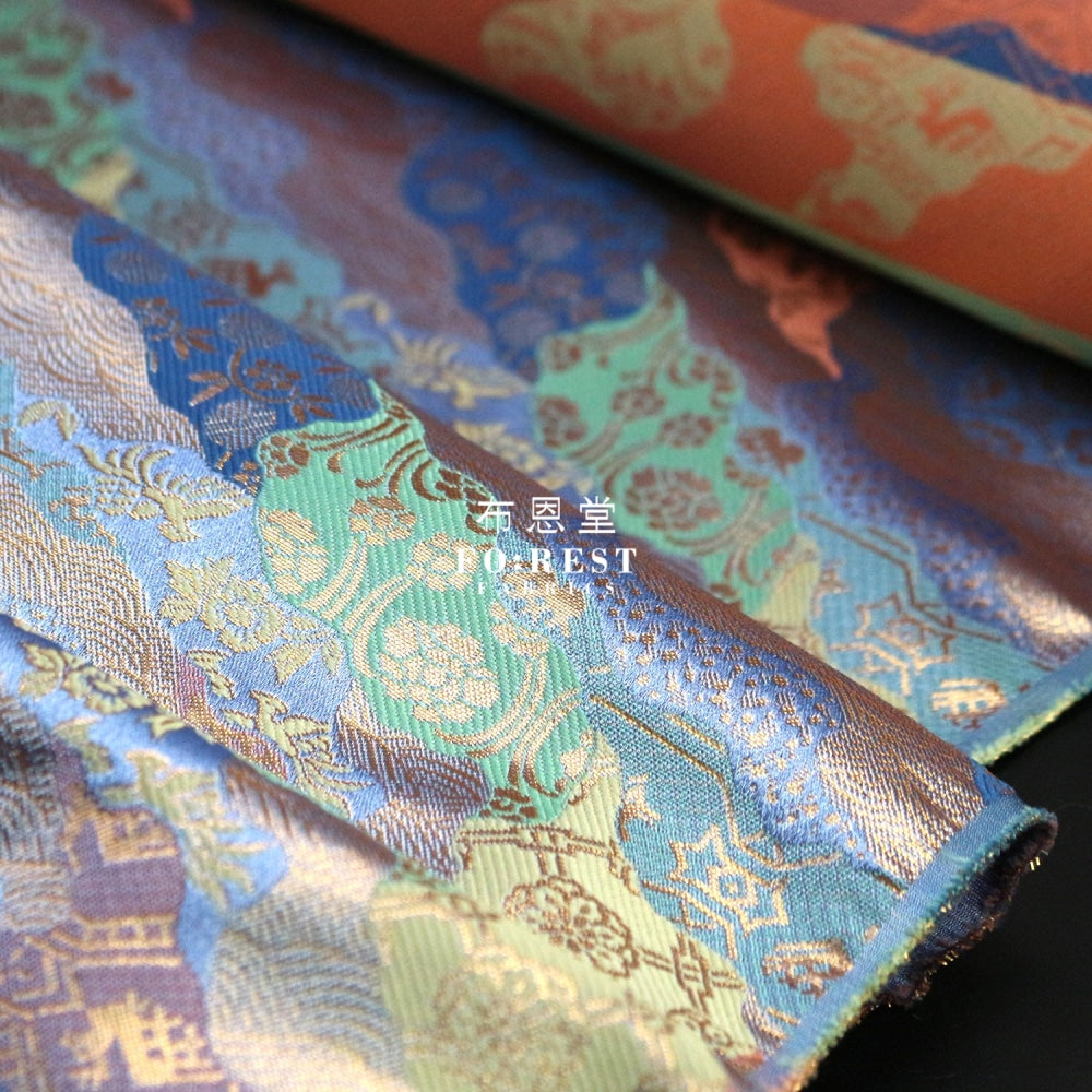 Gold Brocade - Flowercloud Fabric Blue Polyester