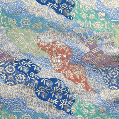 Gold Brocade - Flowercloud Fabric Blue Polyester