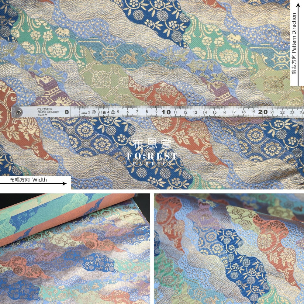 Gold Brocade - Flowercloud Fabric Blue Polyester