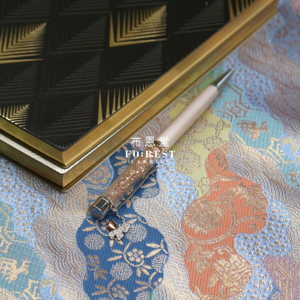 Gold Brocade - Flowercloud Fabric Blue Polyester